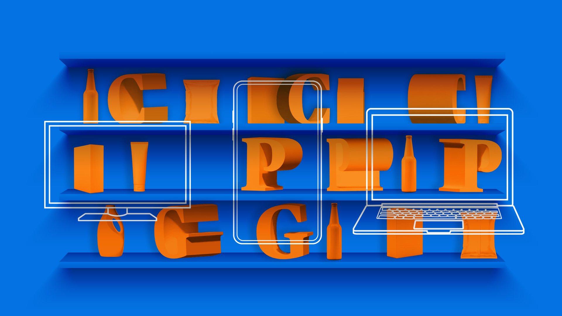 Various orange block letters with illustrated screens laying over