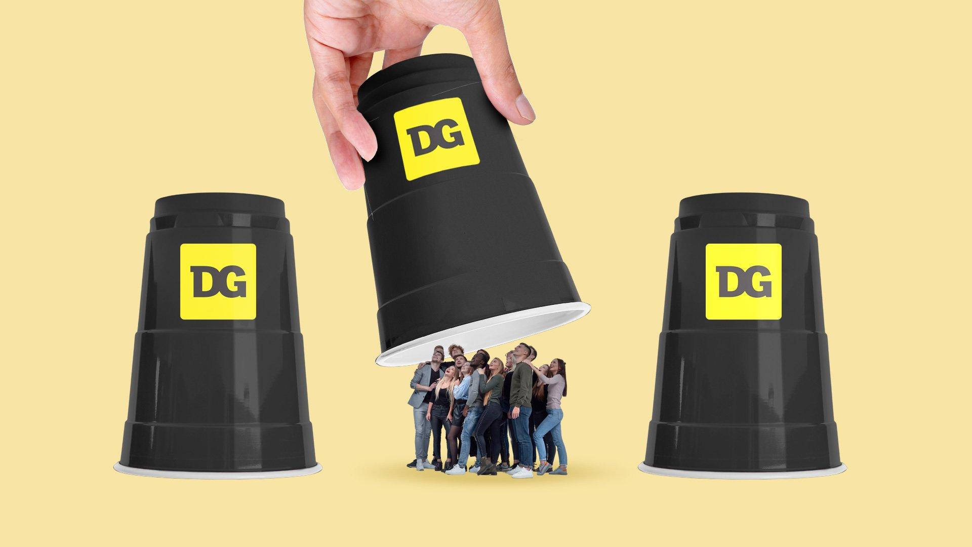 Image shows three black plastic cups with "DG" (Dollar General logo), while a hand picks up the middle cup, exposing a crowd of people.