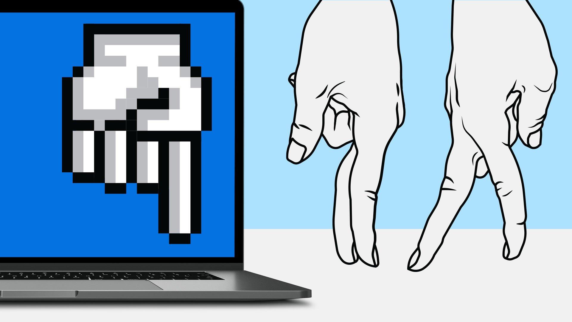 Graphic shows a pair of dancing fingers beside a laptop picturing a downward pointing hand