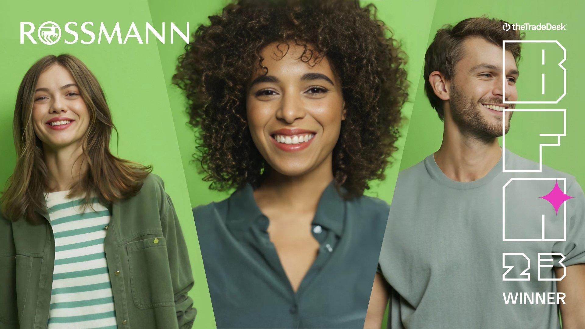 Rossmann BFA '23 Winner | Case Study | The Trade Desk - green image with a headshot of 3 people smiling