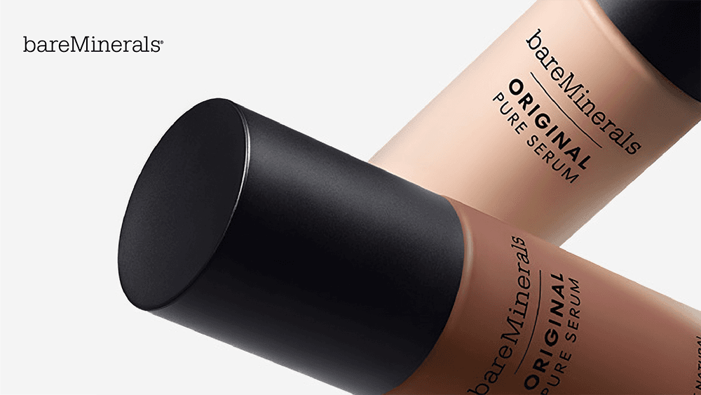 Graphic shows two bottles of bareMinerals liquid foundation