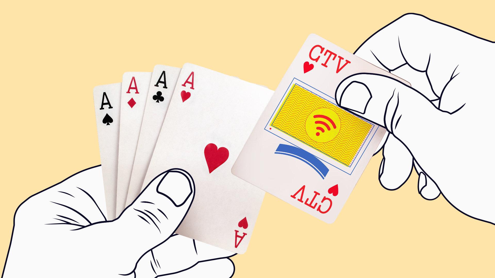 Yellow graphic of two hands with a deck of cards with four aces and one for "CTV"