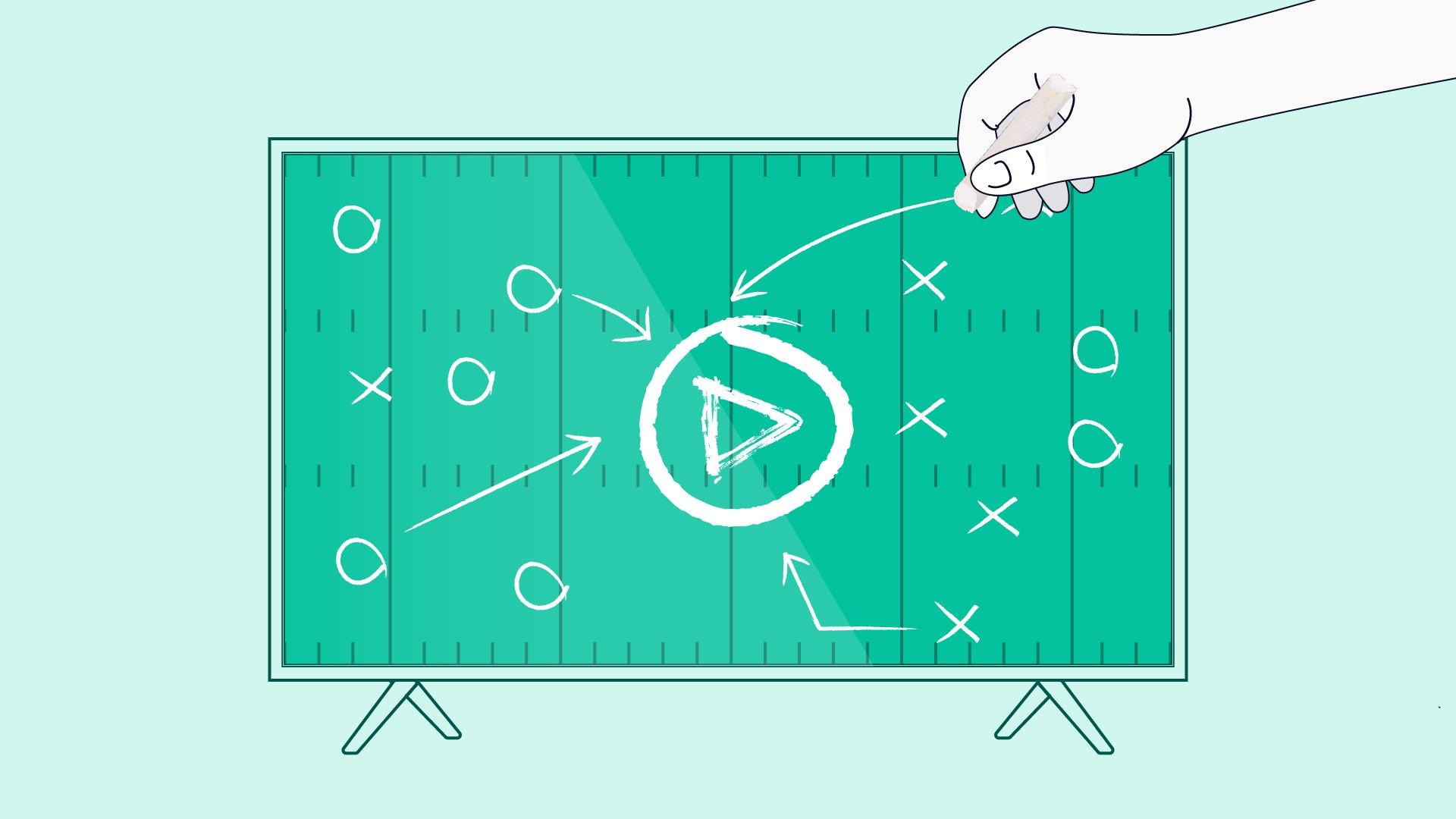 A TV shows a drawing of a football play diagram with a play button in the center