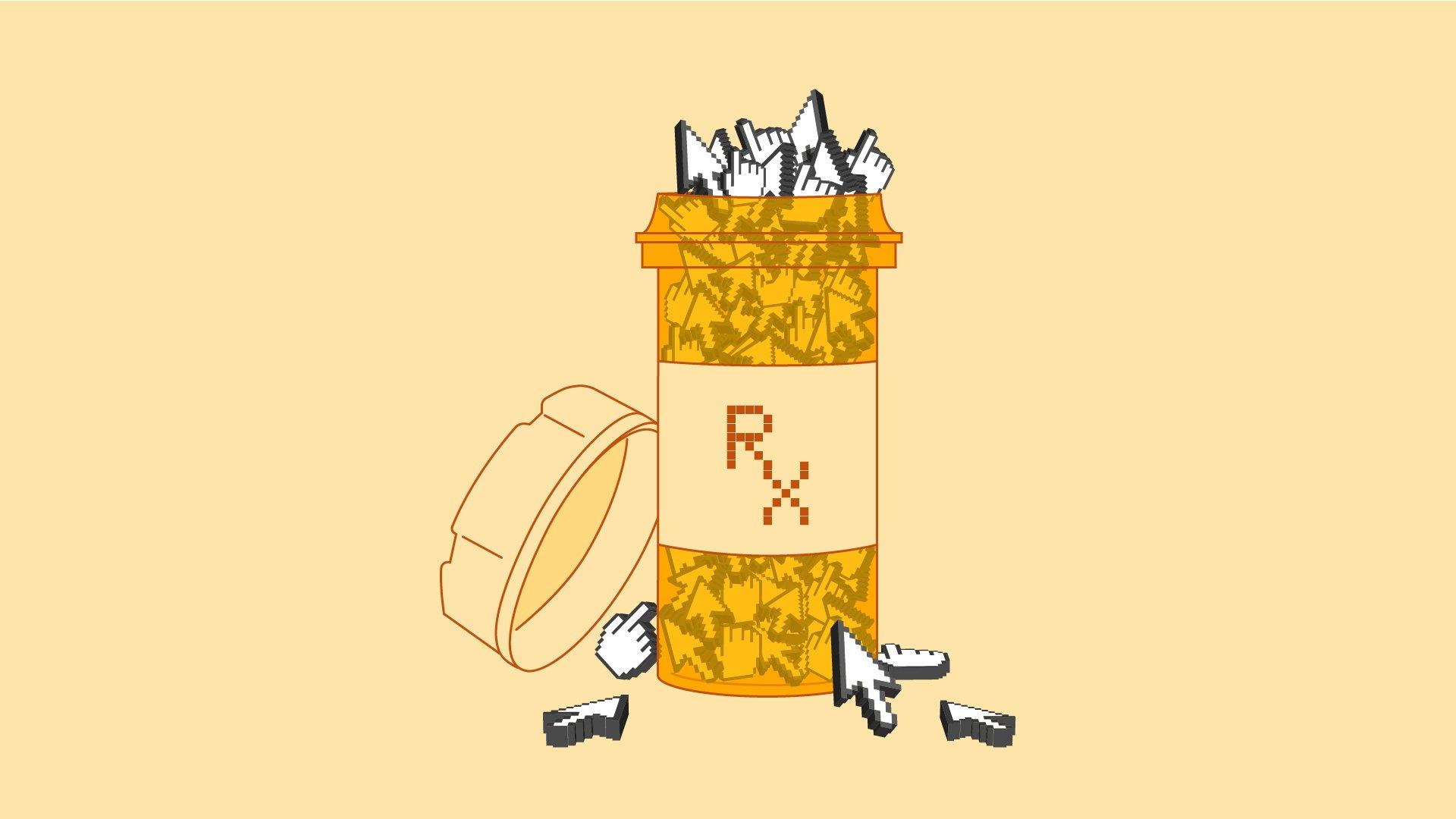 A yellow prescription bottle labeled RX is filled to its brim with white cursors