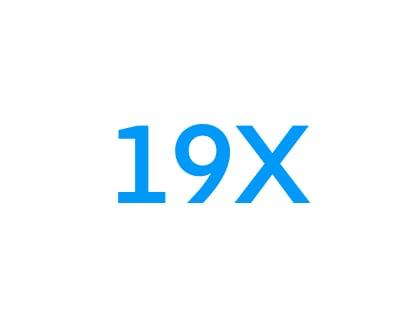 White background with blue text saying "19X"