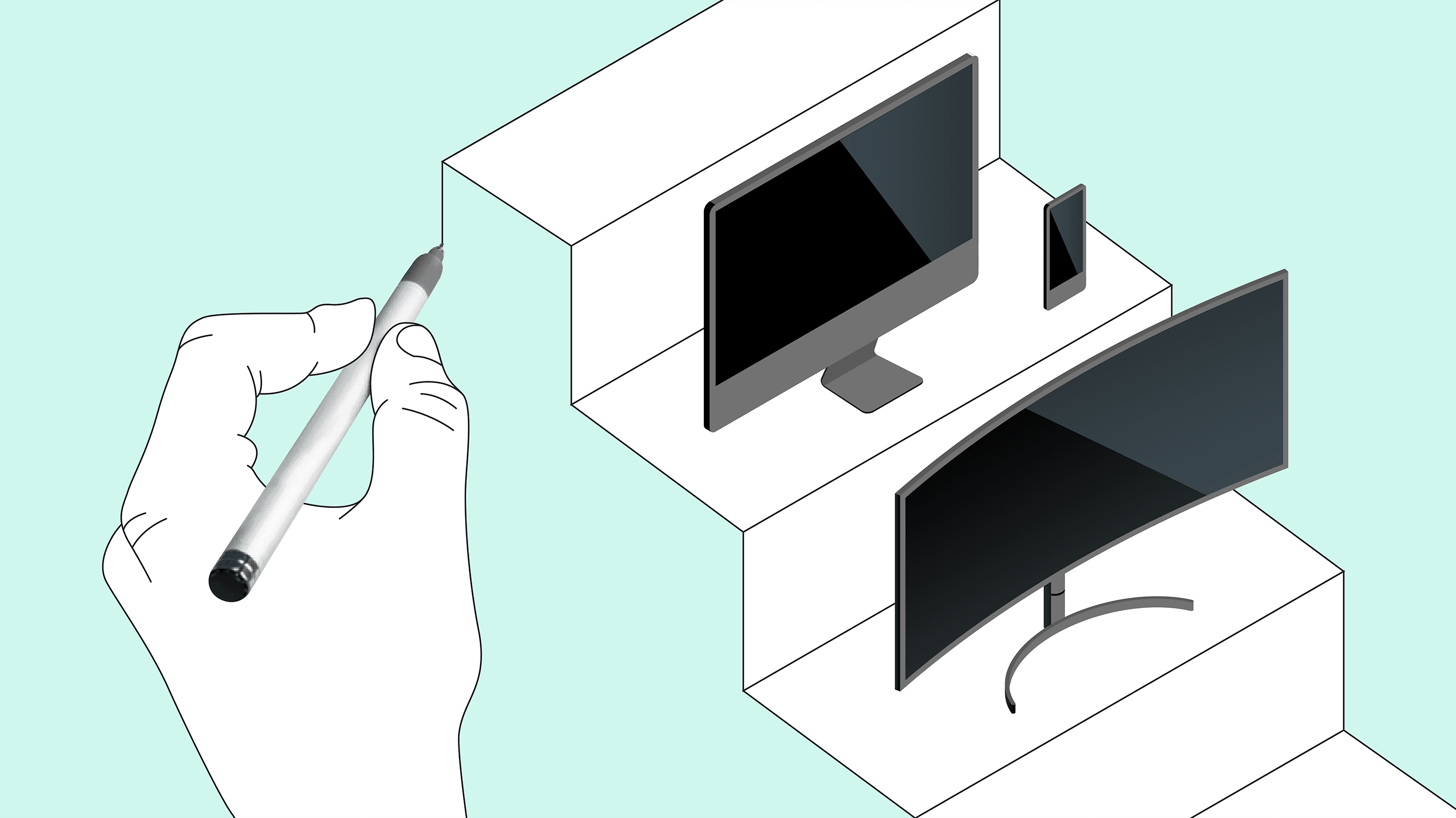 A hand completes a drawing of a staircase while two computer monitors and a cellphone sit on the finished staircase steps.