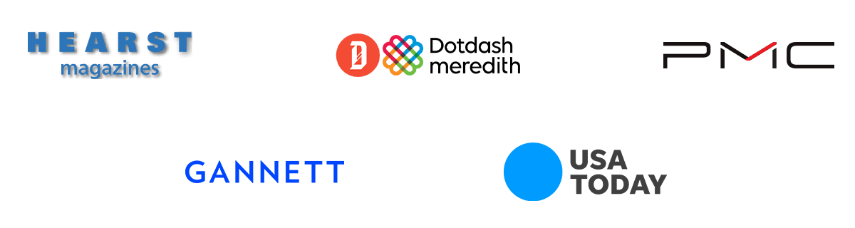 Graphic shows Hearst Magazines, Dotdash Meredith, PMC, Gannett, USA Today logos