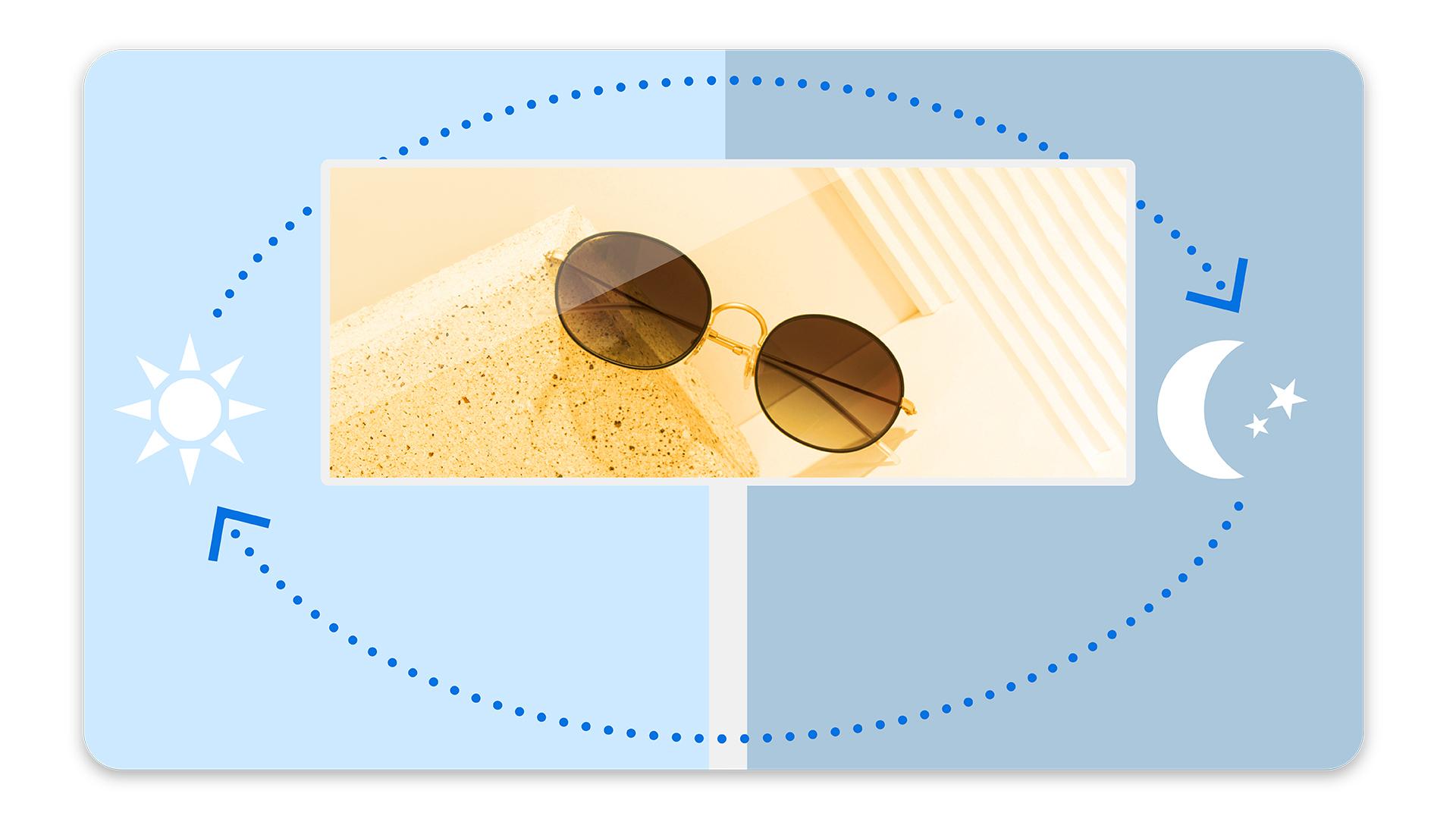 Image of sunglasses sits between a split image showing the sun on one side and the moon on the other