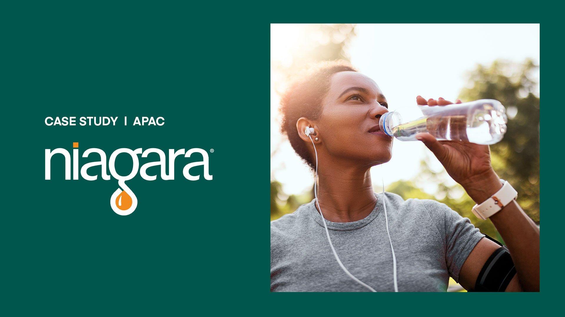 Case Study | APAC - Niagara, green background with an image of a woman drinking out of a water bottle