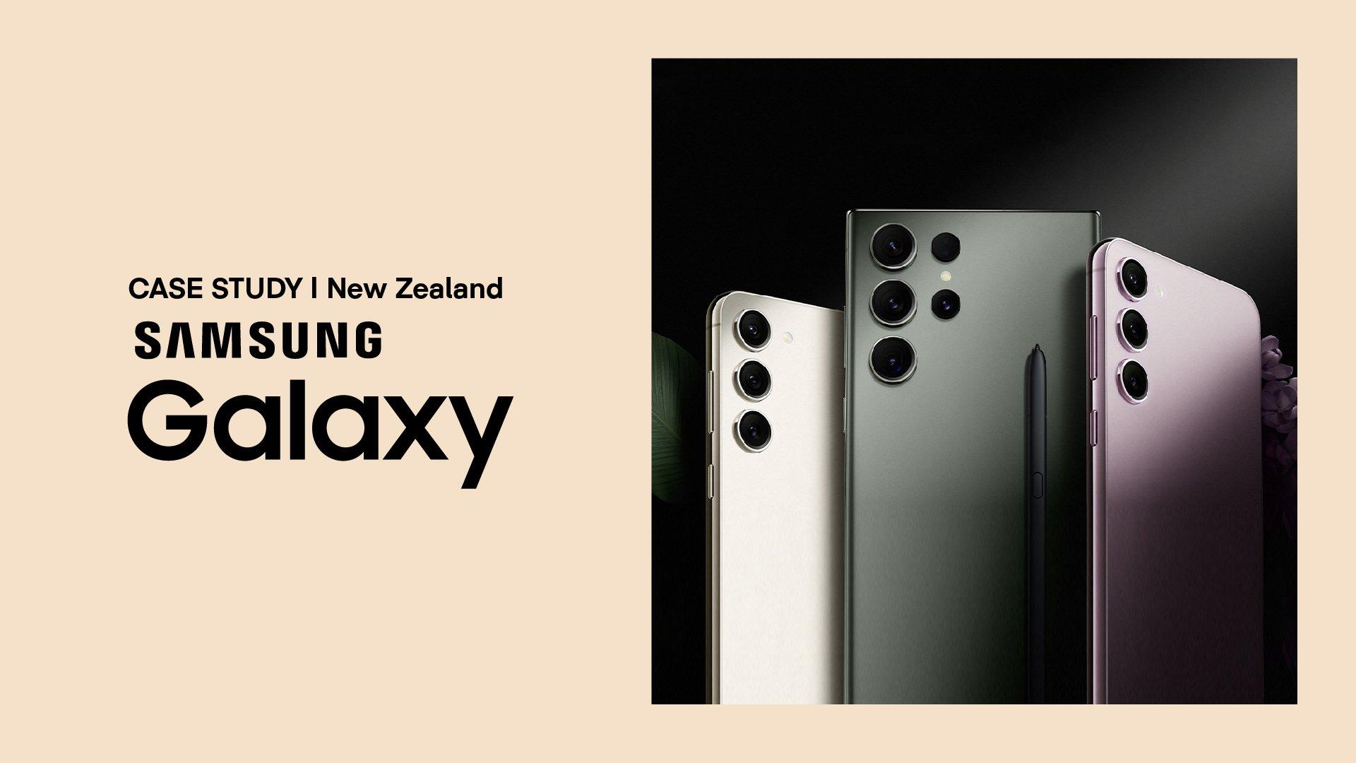 Image features the words "Case Study | New Zealand | Samsung Galaxy" beside a gold, gray, and pink Samsung Galaxy phones.