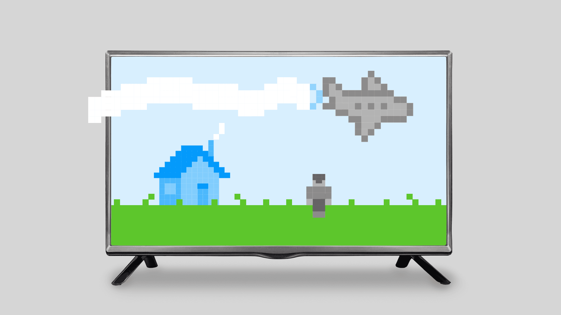 A TV screen displays a brightly colored pixelated animation of a tiny house and game character while a plane flies overhead.