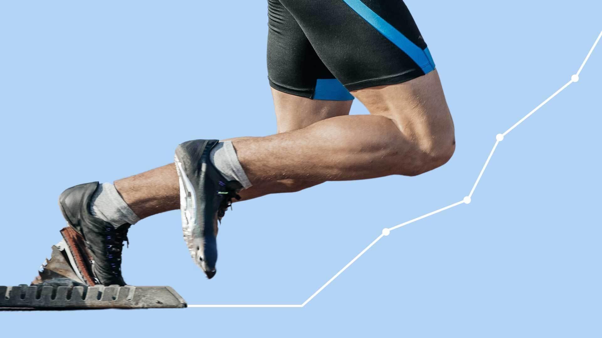 Graphic shows the legs of a runner charging off a starting block that's connected to a line chart.