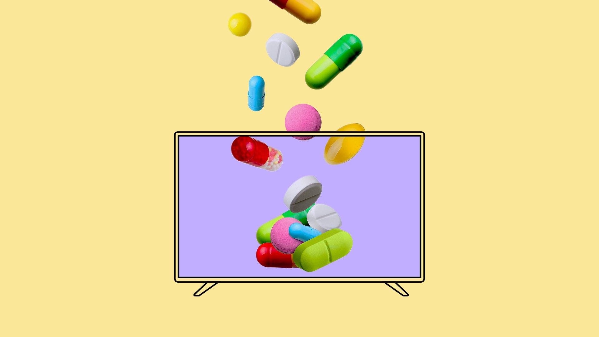 Graphic on a yellow solid background of color pulls falling inside an illustrated tv with a solid purple screen