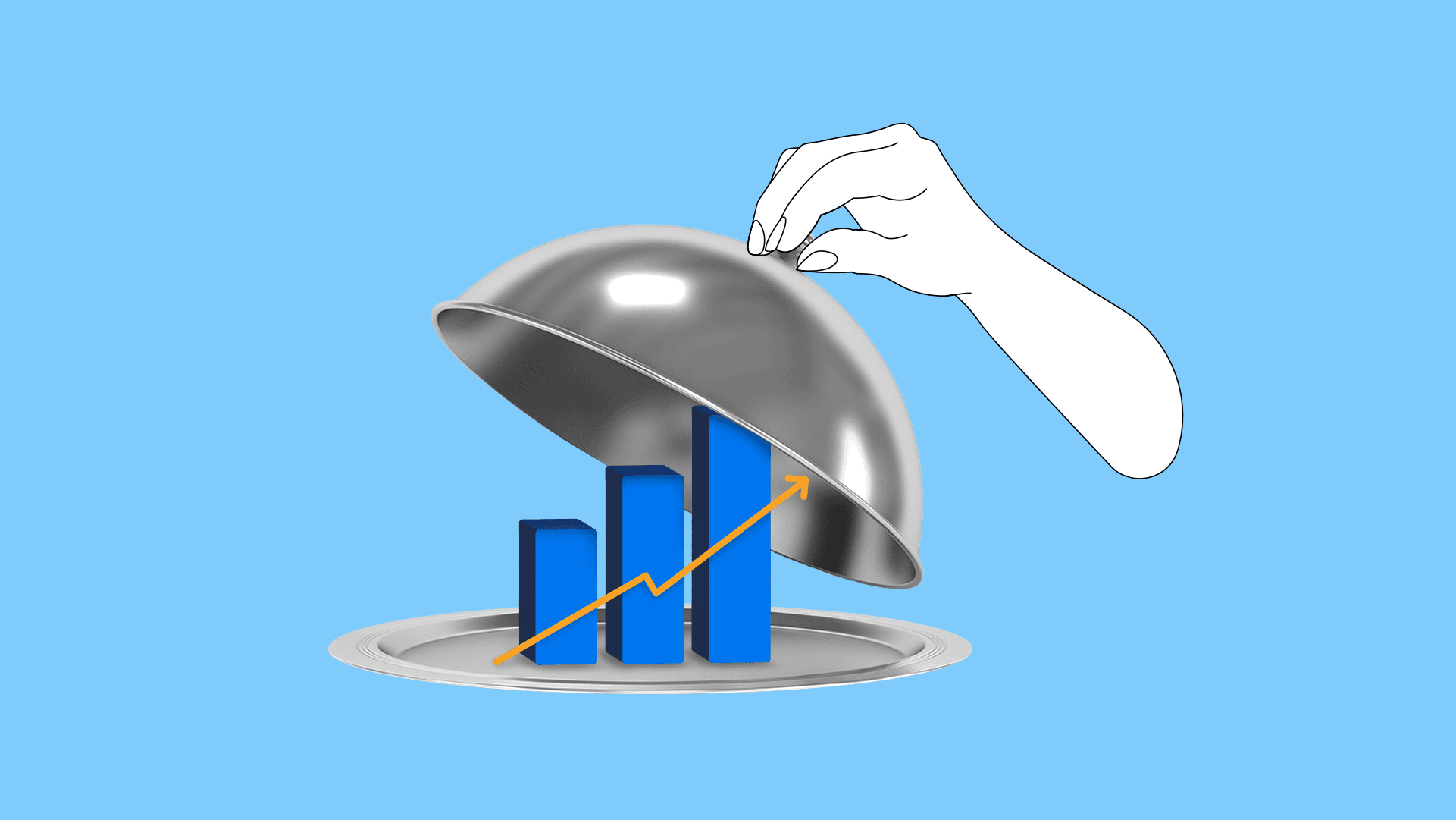 A hand lifts a metal plate cover to reveal a bar chart with a line chart on top that progresses upwards