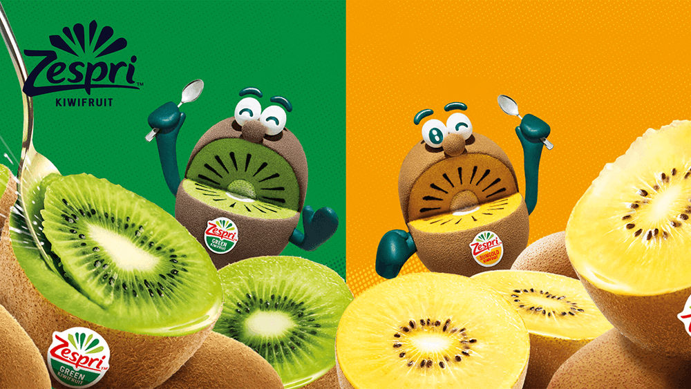 Image from Zespri campaign of two kiwis with spoons and the Zespri logo in the top left corner